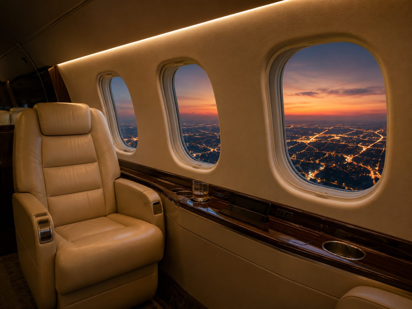 Jet cabin at dusk with city lights through the windows